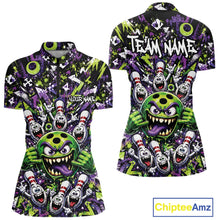 Load image into Gallery viewer, Front and back view of a green and purple women's bowling quarter-zip shirt featuring a mischievous green monster bowling ball with sharp teeth, a purple tongue, playful hand gesture, and cheerful cartoon bowling pins.