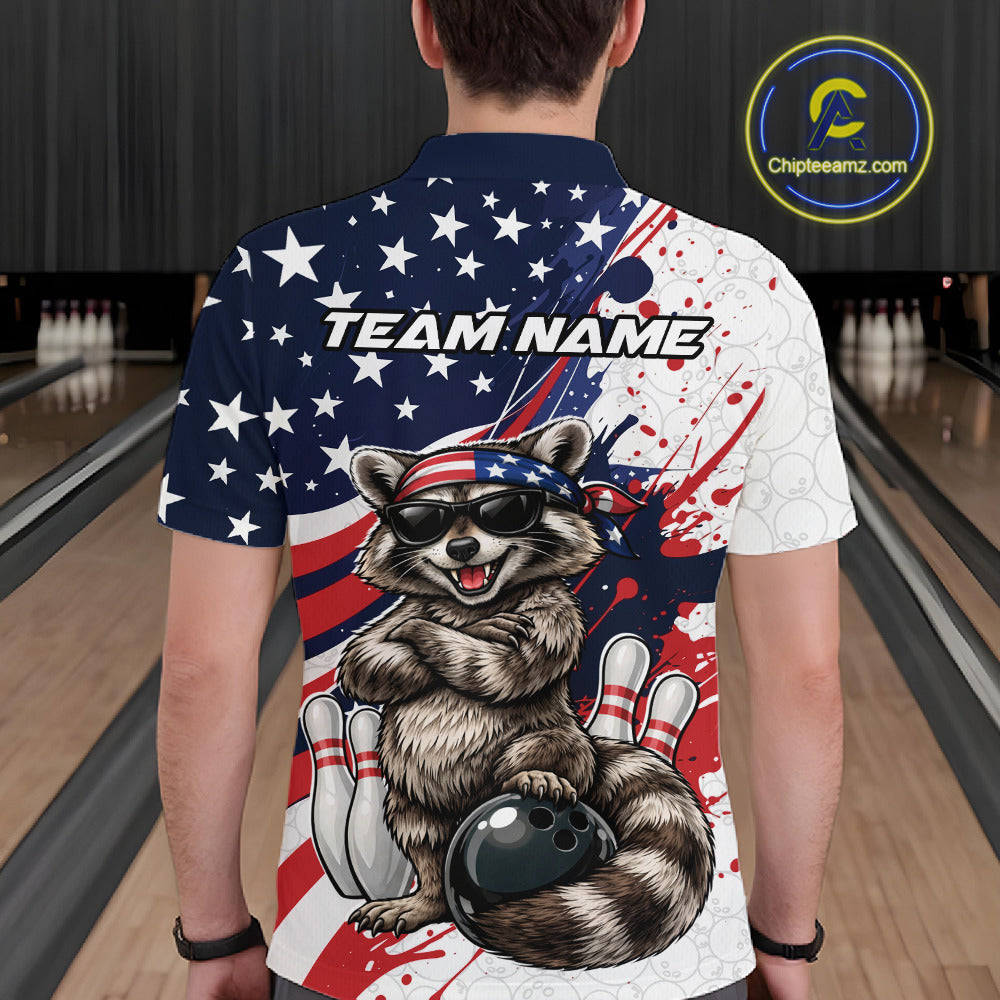 Back view of a bowling polo featuring a raccoon wearing sunglasses and a patriotic bandana beside a bowling ball.