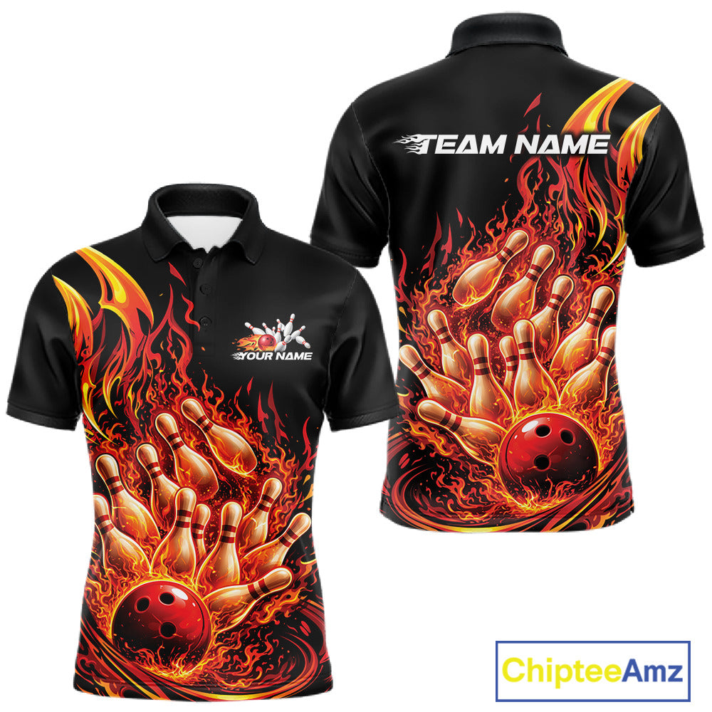 Front and back views of a mens black and red bowling polo showcasing a flaming bowling ball hitting bowling pins.