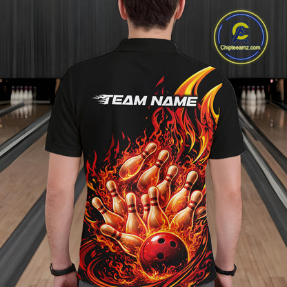 Back view of a black and red bowling polo featuring bold flame-inspired bowling artwork.