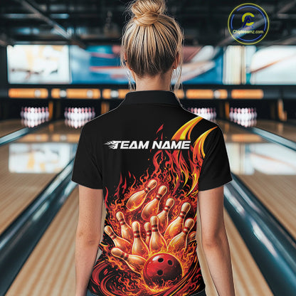 Back view female model wearing polo shirt with flaming bowling ball striking pins turquoise blue explosive fire graphics