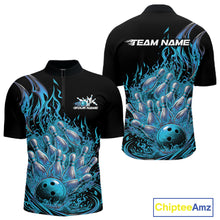 Load image into Gallery viewer, Custom Blue Fire Flame Bowling Men Quarter-Zip Shirts, Bowling Team League Shirt IPHW11138