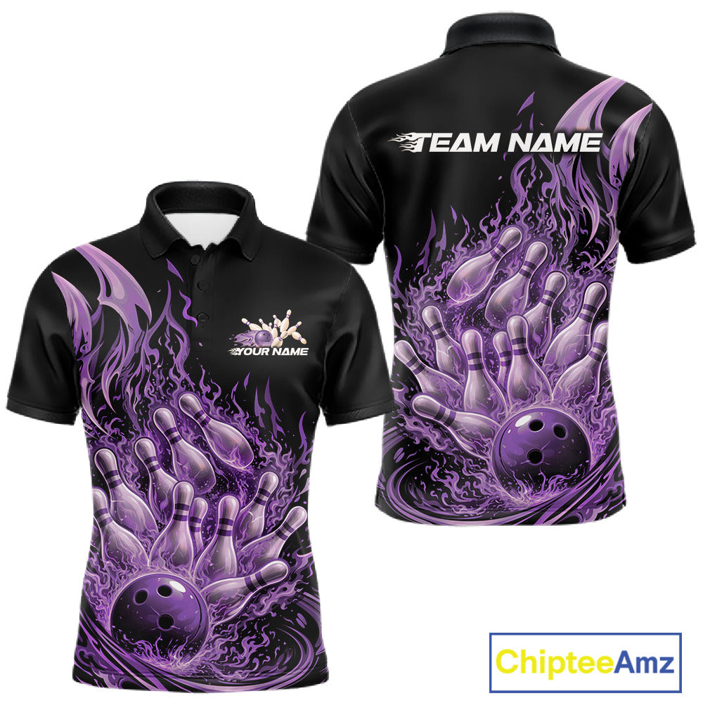 Front and back views of a mens black and purple bowling polo featuring a flaming bowling ball crashing into pins with blazing fire effects.