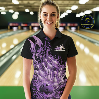 Female model in bowling lane wearing polo shirt with flaming bowling ball striking pins red blazing fire design
