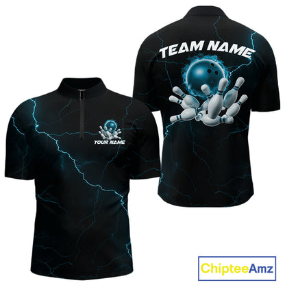 Custom Blue Thunder Lightning Flame Bowling Ball Men Bowling Team Shirt Bowler Outfit IPHW10674
