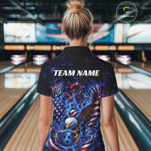 Load image into Gallery viewer, Back view of a female model at the bowling lane wearing a polo shirt with flaming bald eagle, blue bowling ball, American flag, and blue flames.