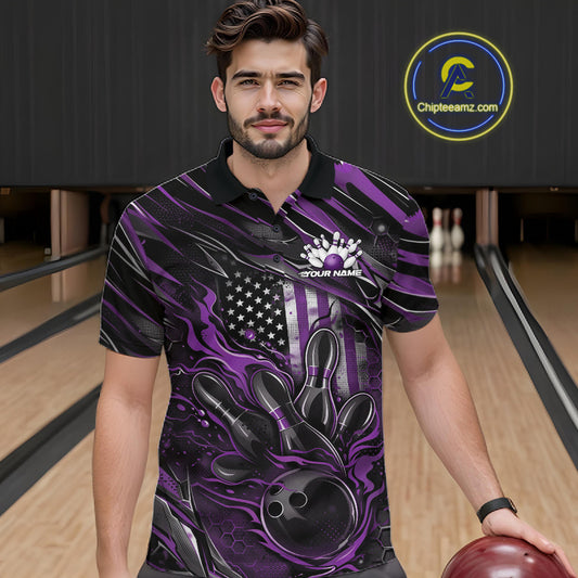 Male model at a bowling lane wearing a black and purple bowling polo shirt with patriotic bowling strike artwork and fiery graphics.