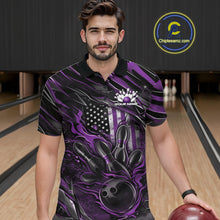 Load image into Gallery viewer, Custom Purple American Flag Flame Men Bowling Polo Shirt, Patriotic Bowling Jersey IPHW11177