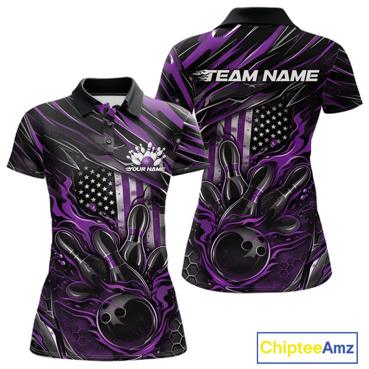 Front and back view of a black and purple women’s bowling polo shirt featuring a patriotic flaming bowling ball striking pins with American flag accents.