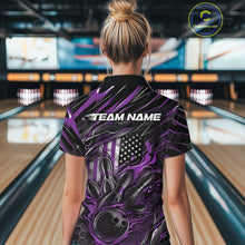 Load image into Gallery viewer, Custom Purple American Flag Flame Women Bowling Polo Shirt, Patriotic Bowling Jersey IPHW11177