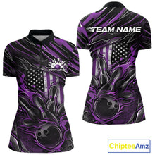 Load image into Gallery viewer, Custom Purple American Flag Flame Women Bowling Shirt, Patriotic Bowling Jersey IPHW11177