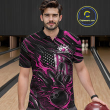 Load image into Gallery viewer, Custom Pink American Flag Flame Men Bowling Polo Shirt, Patriotic Bowling Jersey IPHW11178