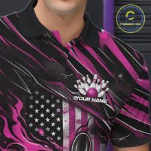Load image into Gallery viewer, Custom Pink American Flag Flame Men Bowling Polo Shirt, Patriotic Bowling Jersey IPHW11178