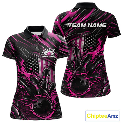 Front and back display of a black and pink women’s bowling polo shirt featuring a patriotic flaming bowling ball striking pins with an American flag theme.