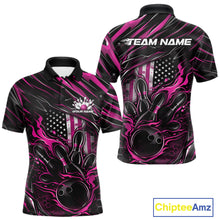 Load image into Gallery viewer, Custom Pink American Flag Flame Men Bowling Polo Shirt, Patriotic Bowling Jersey IPHW11178