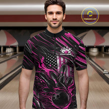 Load image into Gallery viewer, Custom Pink American Flag Flame Men Bowling Quarter-Zip Shirt, Patriotic Bowling Jersey IPHW11178