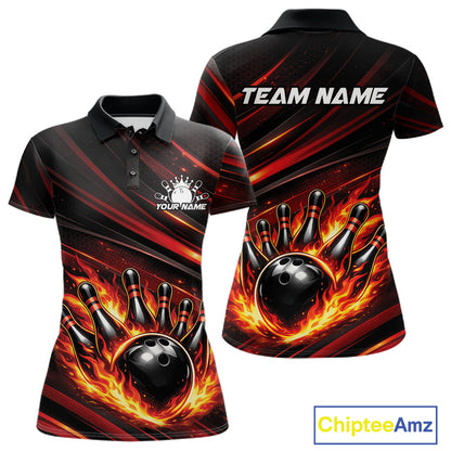 Front and back view of a black and red-orange women’s bowling polo shirt showcasing a fiery bowling ball striking pins with abstract stripe accents.