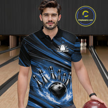 Load image into Gallery viewer, Custom Blue Fire Flame Bowling Team Men Polo Shirt, Bowling League Shirt IPHW11186