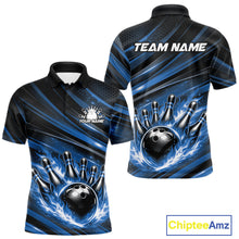 Load image into Gallery viewer, Custom Blue Fire Flame Bowling Team Men Polo Shirt, Bowling League Shirt IPHW11186