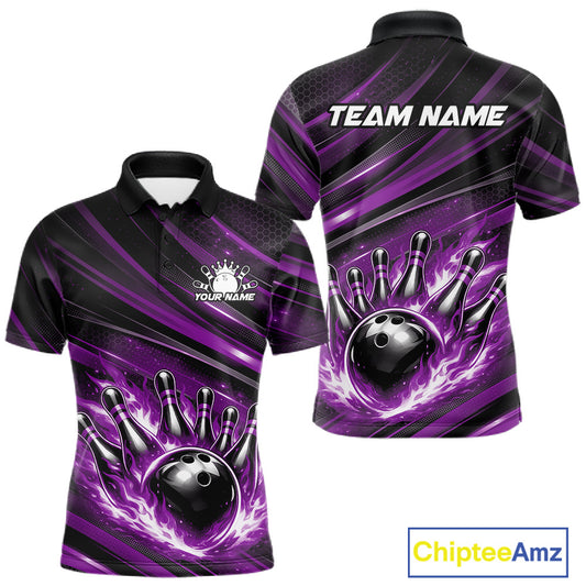 Front and back display of a black and purple men’s bowling polo shirt featuring a fiery bowling ball striking pins with abstract stripe artwork.