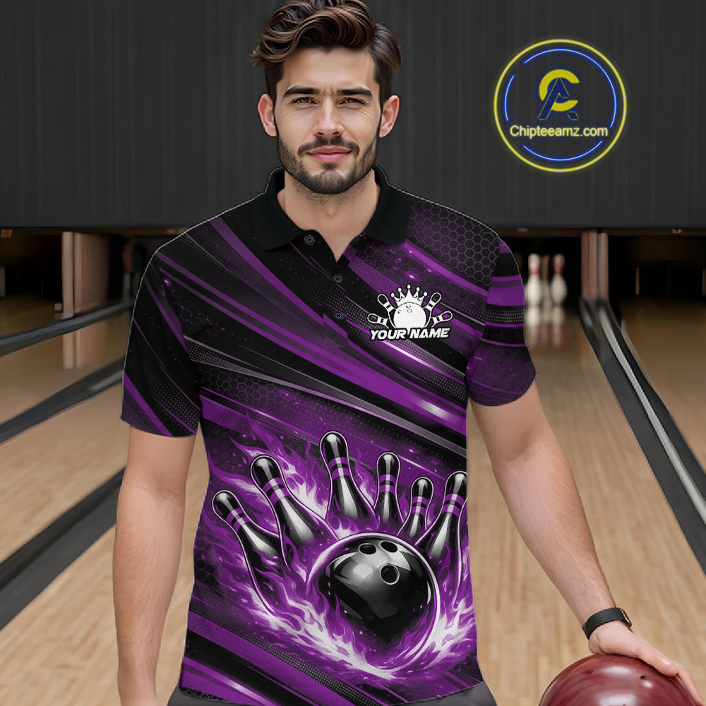 Male model wearing a black and purple bowling polo shirt at a bowling lane with flaming bowling strike graphics and modern stripe details.