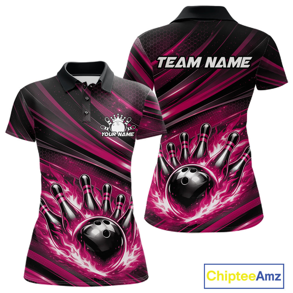 Front and back mockup of a black and pink women’s bowling polo shirt featuring a fiery bowling ball striking pins with abstract stripe artwork.