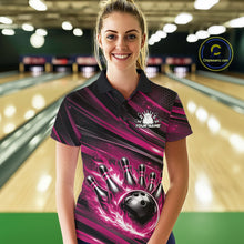 Load image into Gallery viewer, Custom Pink Fire Flame Bowling Team Women Polo Shirt, Bowling League Shirt IPHW11189