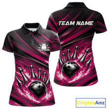 Load image into Gallery viewer, Custom Pink Fire Flame Bowling Team Women Polo Shirt, Bowling League Shirt IPHW11189