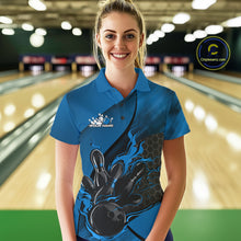 Load image into Gallery viewer, Custom Blue Flame Bowling Team Women Polo Shirt, Bowling League Shirt Bowler Outfits IPHW11191