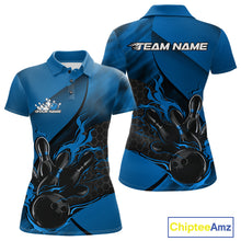 Load image into Gallery viewer, Custom Blue Flame Bowling Team Women Polo Shirt, Bowling League Shirt Bowler Outfits IPHW11191