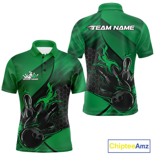 Front and back mockup of a black and green men’s bowling polo shirt featuring a flaming bowling ball striking pins over a hexagon pattern.