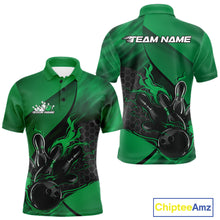 Load image into Gallery viewer, Custom Green Flame Bowling Team Men Polo Shirt, Bowling League Shirt Bowler Outfits IPHW11193