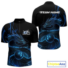 Load image into Gallery viewer, Custom Blue Tribal Flame Dragon Bowlin Team Men Quarter-Zip Shirt, Dragon Bowling Jerseys IPHW10229