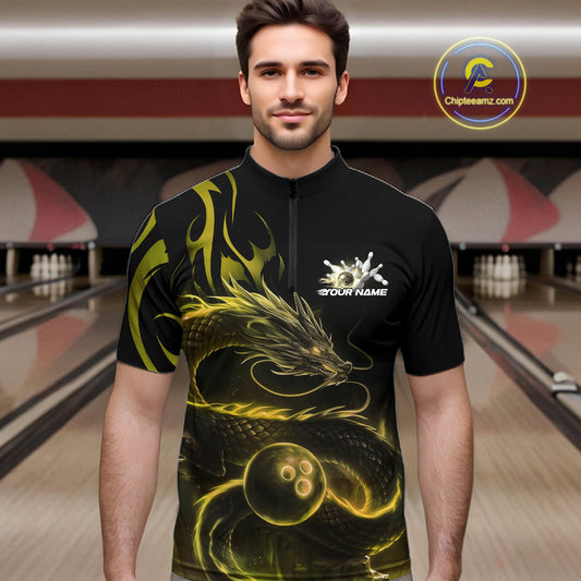 Custom Gold Tribal Flame Dragon Bowlin Team Men Quarter-Zip Shirt, Dragon Bowling Jerseys IPHW10232