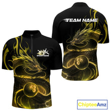 Load image into Gallery viewer, Custom Gold Tribal Flame Dragon Bowlin Team Men Quarter-Zip Shirt, Dragon Bowling Jerseys IPHW10232