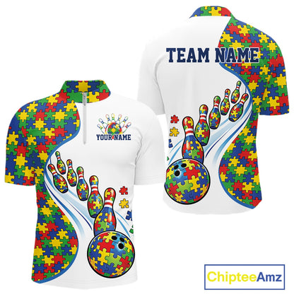 Front And Back View Of Mens White Bowling Quarter-Zip Mockup Showcasing Colorful Autism Bowling Strike Illustration And Puzzle Style Artwork