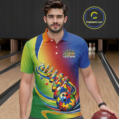 Male model in a bowling lane wearing a colorful polo shirt, front view featuring autism puzzle bowling ball and pins trail artwork