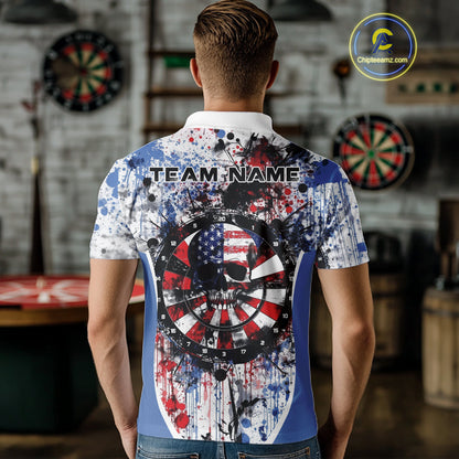 Custom Grunge Red, White And Blue Splatter Patriotic US Flag Dart Skull Men Polo Shirt IPHW9986