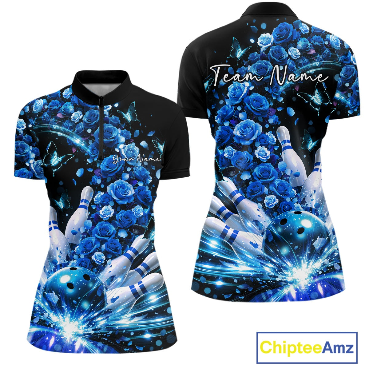 Custom Beautiful Blue Roses And Butterfly Women Bowling Team Shirt, Bowling League Shirt IPHW10889