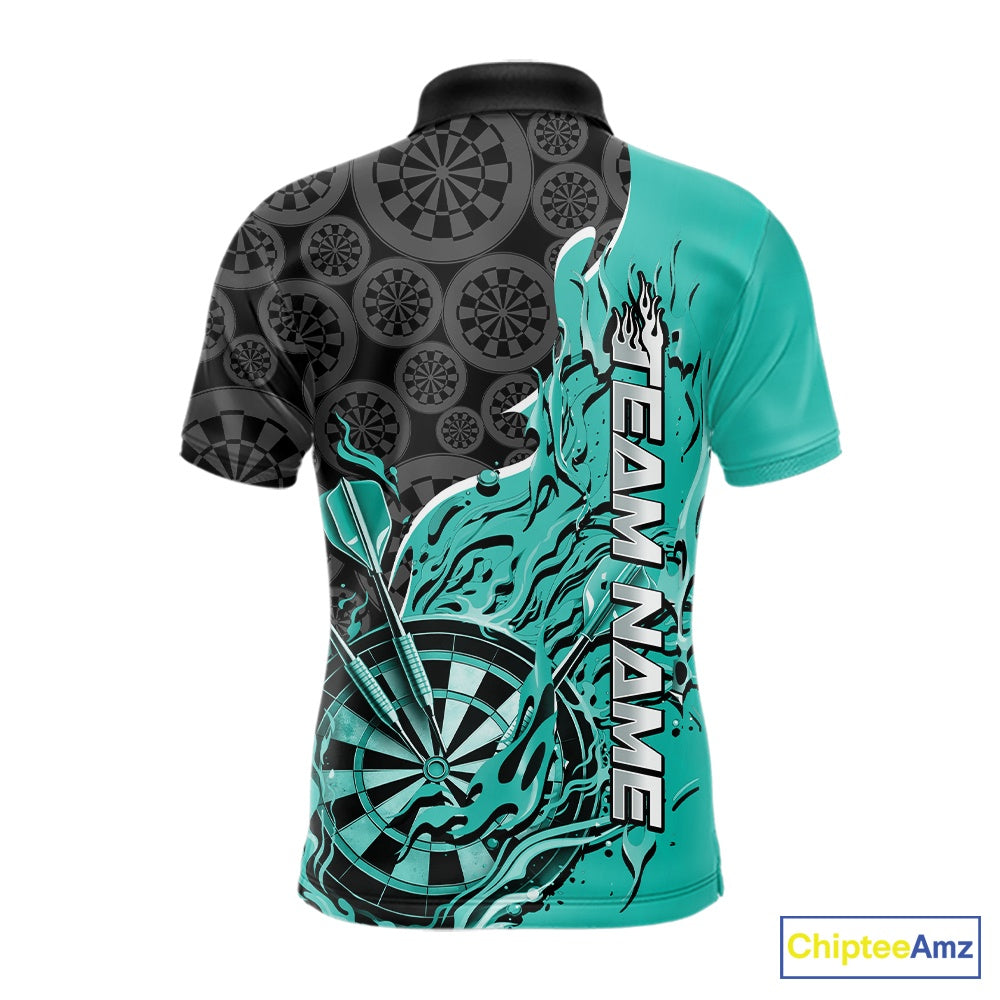 Custom Black And Turquoise Blue Flame Dartboard Dart Jerseys, Dartboard Pattern Darts Tournament Team Shirts IPHW10418