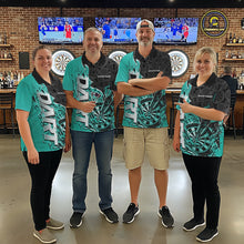 Load image into Gallery viewer, Custom Black And Turquoise Blue Flame Dartboard Dart Jerseys, Dartboard Pattern Darts Tournament Team Shirts IPHW10418