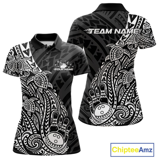 Front and back views of a black and white womens bowling polo shirt with bowling pins and a ball accented by tribal swirls and Polynesian patterns.