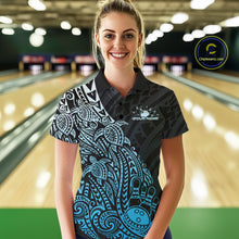 Load image into Gallery viewer, Custom Black And Blue Polynesian Tribal Turtle Bowling Women Polo Team Shirts Outfit IPHW10979