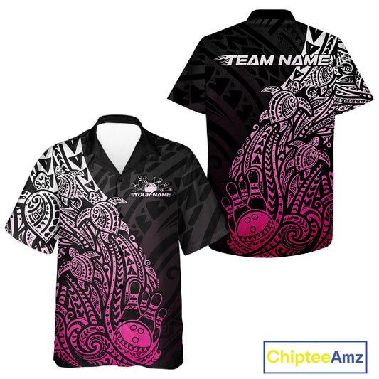 Front and back views of a black and pink button-up bowling shirt displaying Polynesian-style bowling graphics with tribal swirl details.