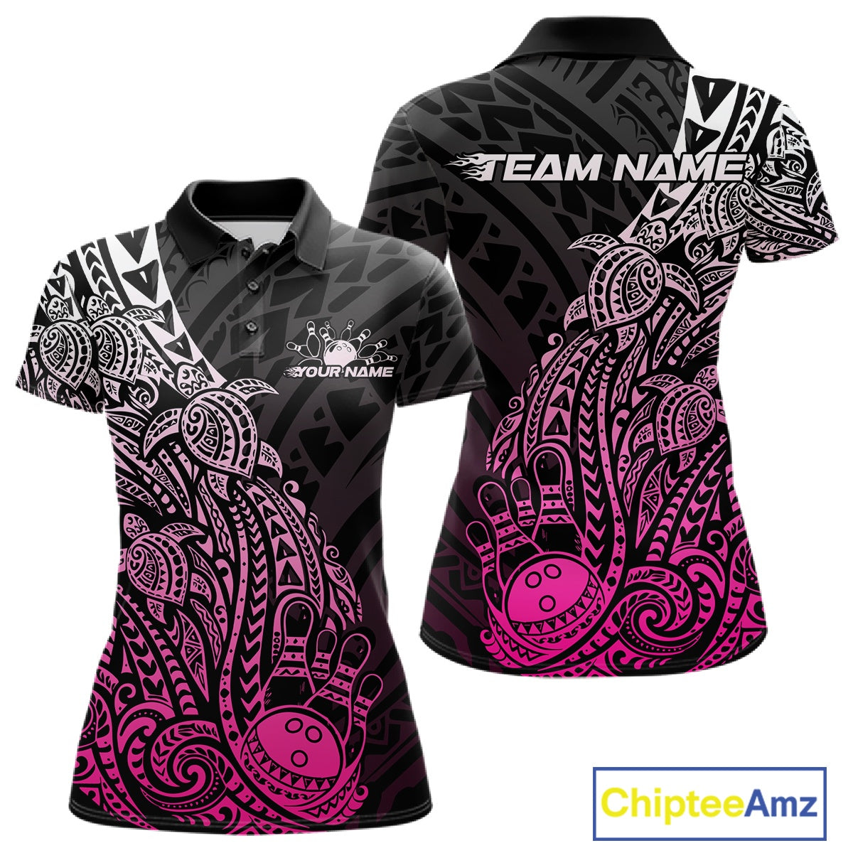 Front and back views of a black and pink womens bowling polo shirt featuring bowling ball and pin graphics framed by tribal swirls and turtle motifs.