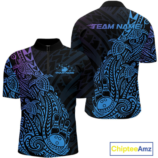 Front and back views of a black, blue, and purple mens bowling quarter-zip shirt showcasing bowling ball and pin graphics with turtle Polynesian patterns.