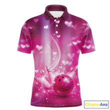 Load image into Gallery viewer, Custom Pink Valentine Bowling Couple Shirts, Pink Heart Theme Bowling Jerseys With His Name And Her Name IPHW10474