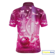 Load image into Gallery viewer, Custom Pink Valentine Bowling Couple Shirts, Pink Heart Theme Bowling Jerseys With His Name And Her Name IPHW10474