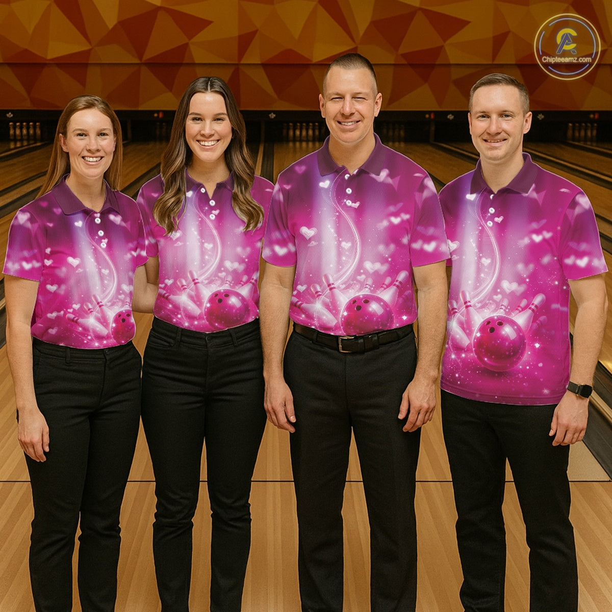 Custom Pink Valentine Bowling Couple Shirts, Pink Heart Theme Bowling Jerseys With His Name And Her Name IPHW10474