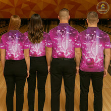 Load image into Gallery viewer, Custom Pink Valentine Bowling Couple Shirts, Pink Heart Theme Bowling Jerseys With His Name And Her Name IPHW10474